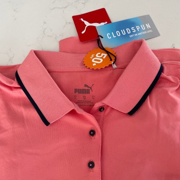 Puma W Cloudspun Activewear Long Slv Polo Top Carnation Pink & Navy Sz XL NWT - Picture 6 of 12
